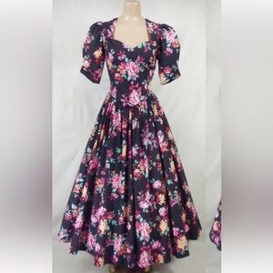 Laura Ashley prairie Floral black Dress with Pink and green Accents puff sleeve